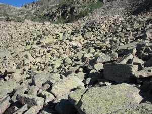 Klaas (just above the centre!) crossing the enormous boulder field near Estany d'Airoto Klaas (just above the centre!) crossing the enormous boulder field near Estany d'Airoto