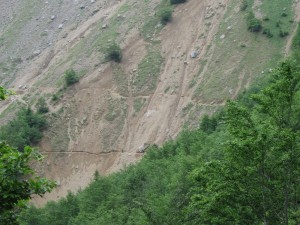 The GR11 crossing a landslide on the way up to Candanchu
